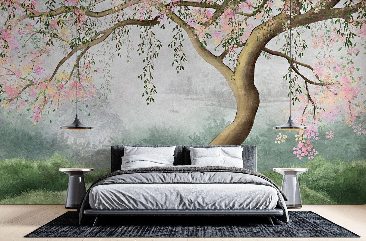 Misty garden wallpaper enhancing entrance hall with delicate pink petals