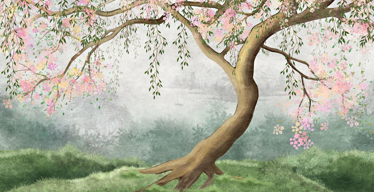 Cherry blossom mural design file showing detailed weeping tree pattern with misty background