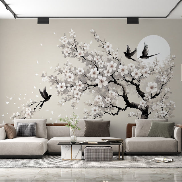 Cherry blossom wallpaper mural creating a serene atmosphere in a modern minimalist bedroom with soft lighting