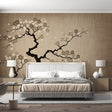 Cherry blossom wallpaper in modern minimalist living room, showing delicate beige floral pattern against white furniture