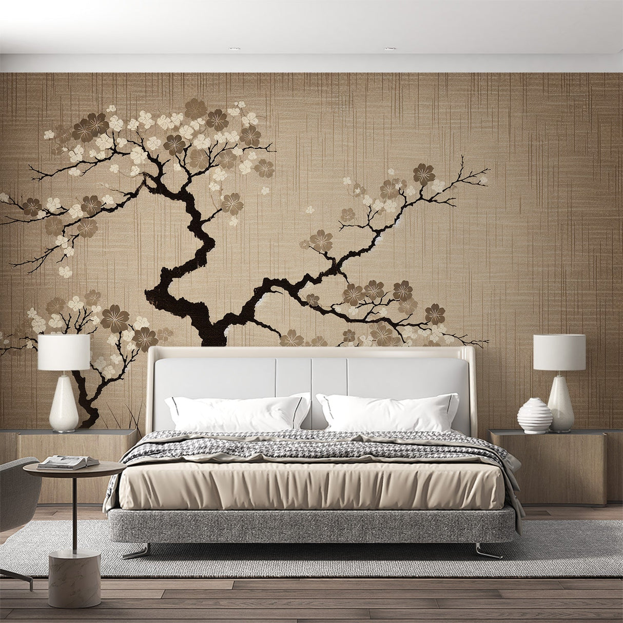Cherry blossom wallpaper in modern minimalist living room, showing delicate beige floral pattern against white furniture