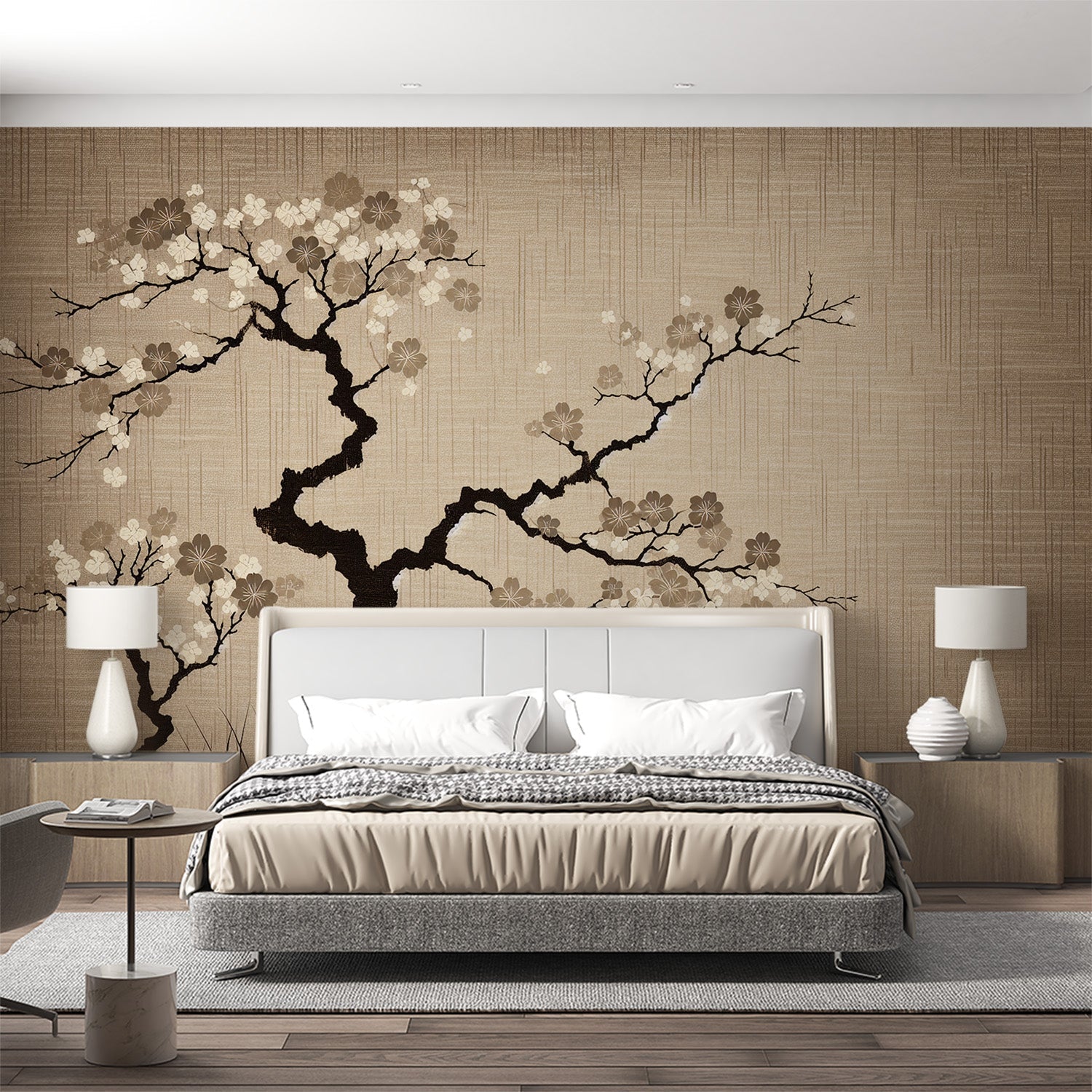 Cherry blossom wallpaper in modern minimalist living room, showing delicate beige floral pattern against white furniture