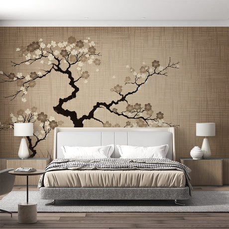 Cherry blossom wallpaper in modern minimalist living room, showing delicate beige floral pattern against white furniture