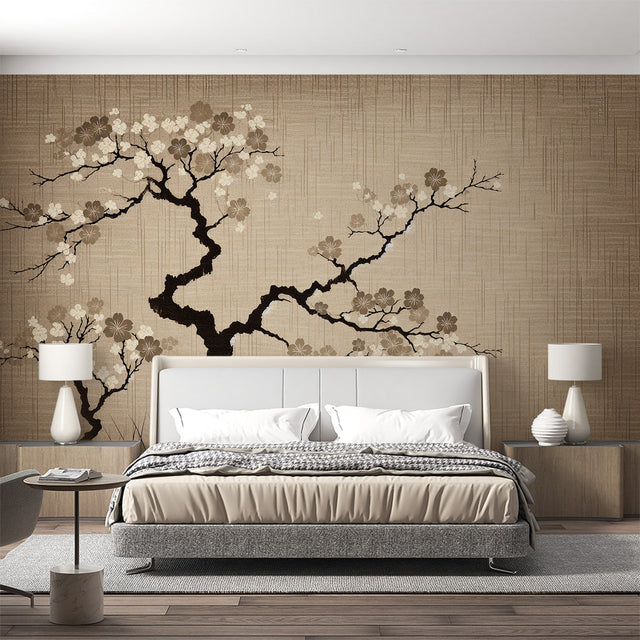 Cherry blossom wallpaper in modern minimalist living room, showing delicate beige floral pattern against white furniture