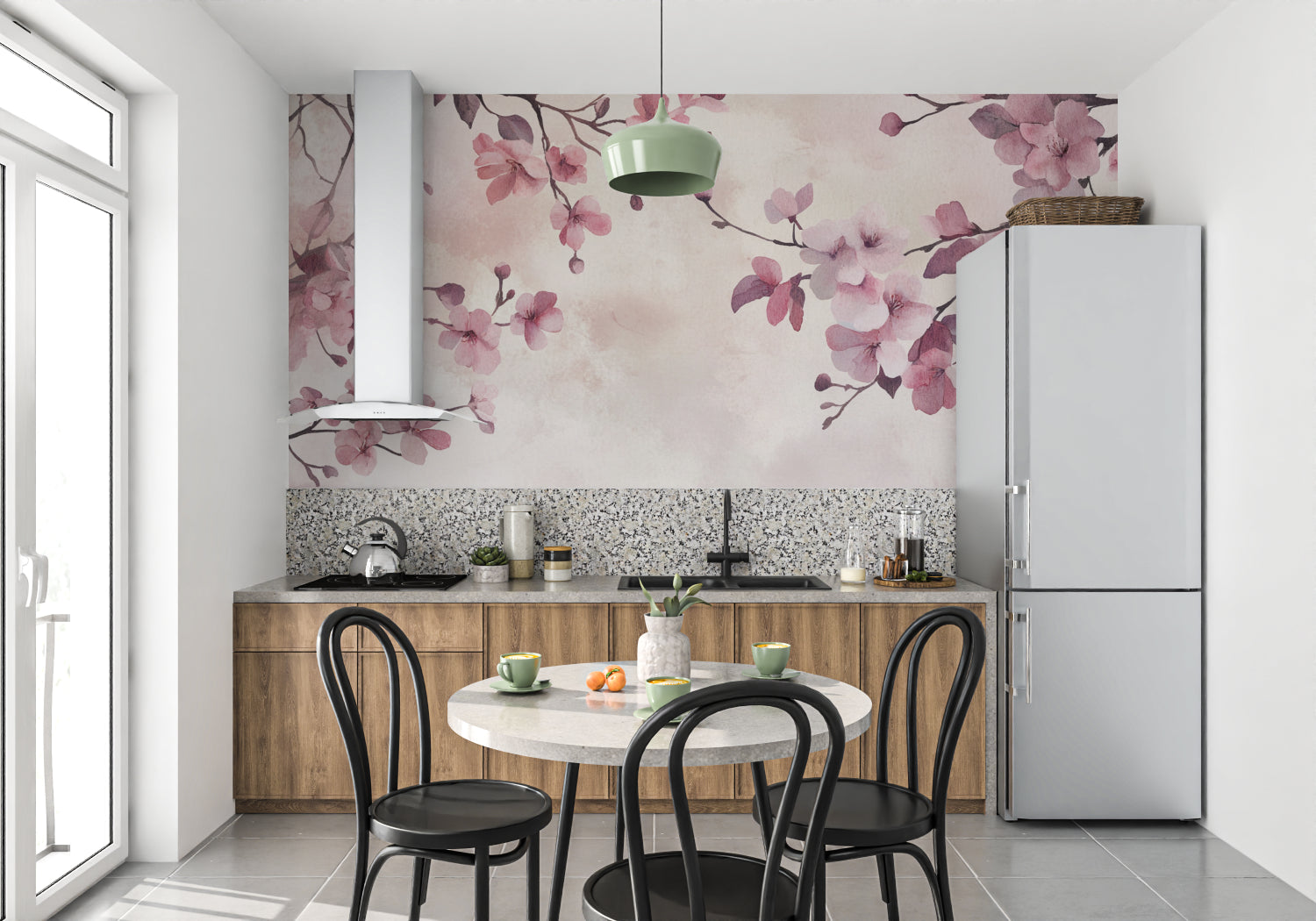Pink cherry blossom mural bringing spring feeling to a cozy living room setting