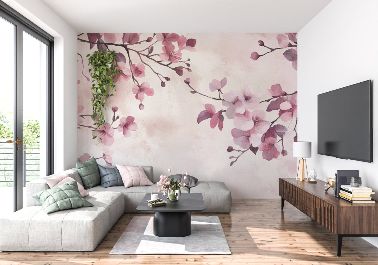 Watercolor cherry blossom wallpaper adding soft color to a bright dining room