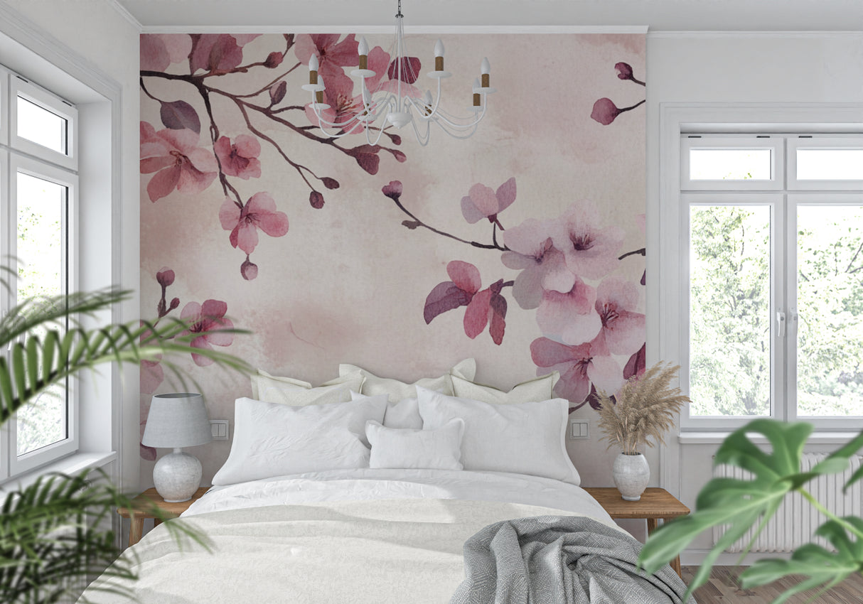 Floral wall mural showcased in a peaceful home office with minimal furniture