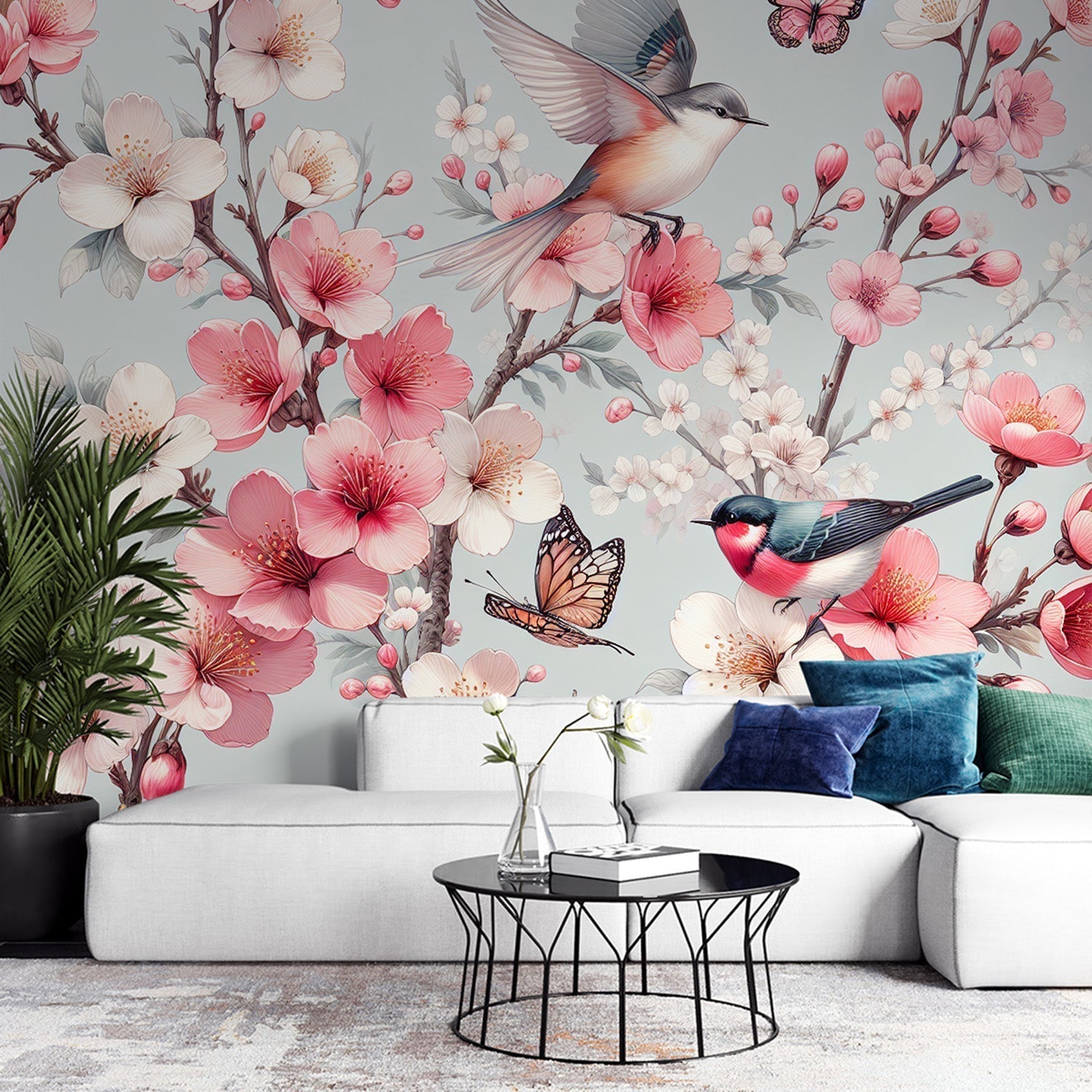 Cherry blossom wallpaper creates a fresh spring feel in a bright modern bedroom, with soft pink petals and birds adding life