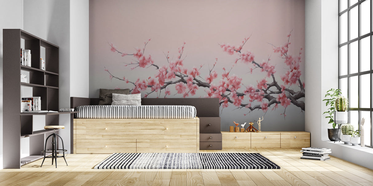 Pink sakura wall mural adding spring charm to a minimalist bedroom