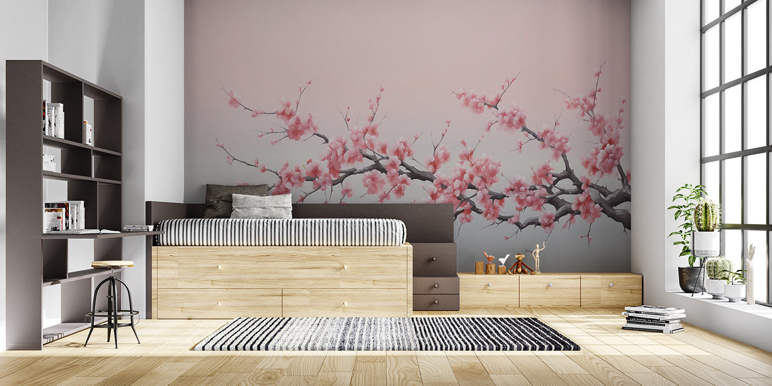 Pink cherry blossom mural creating zen atmosphere in an entrance hall