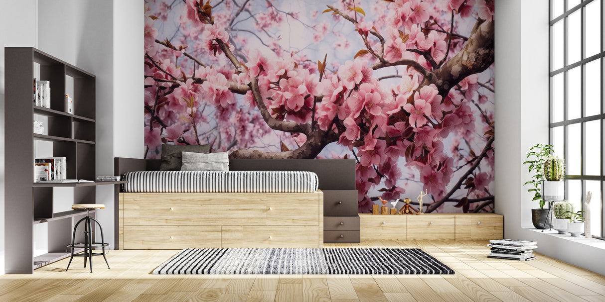 Pink sakura wall mural transforming a serene bedroom with soft, natural tones