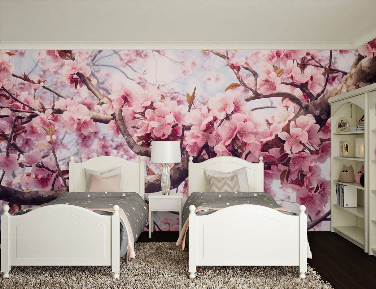 Japanese cherry blossom mural adding elegance to a minimalist dining room