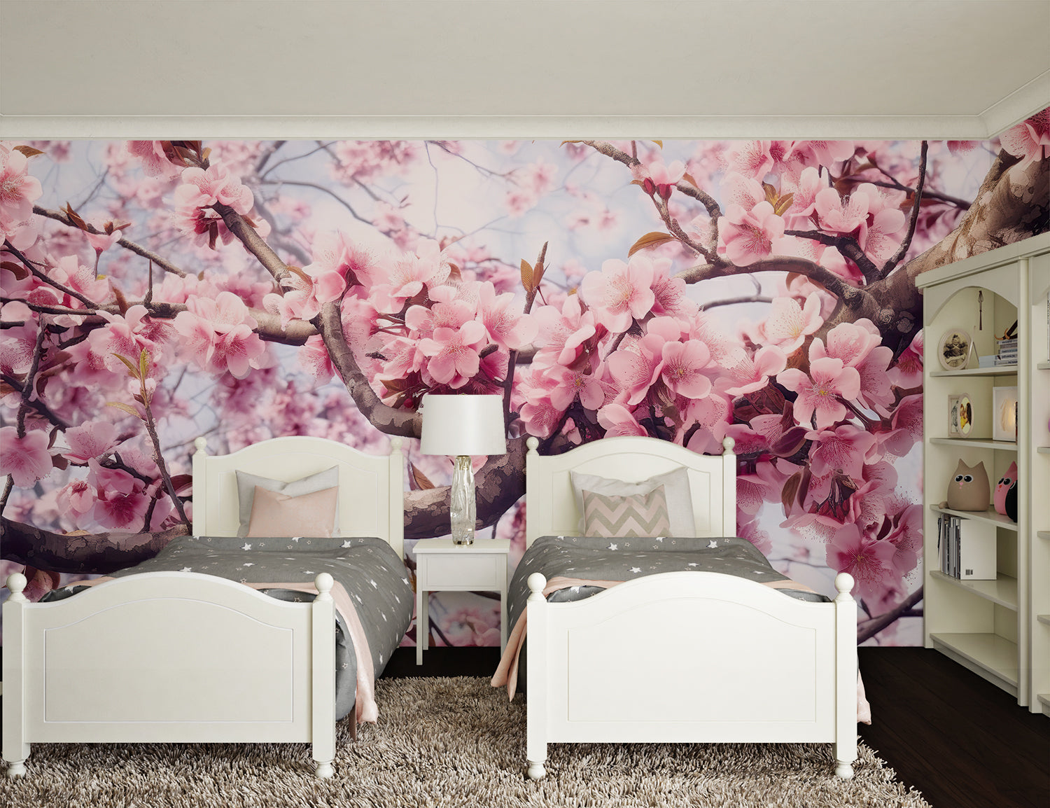 Japanese cherry blossom mural adding elegance to a minimalist dining room