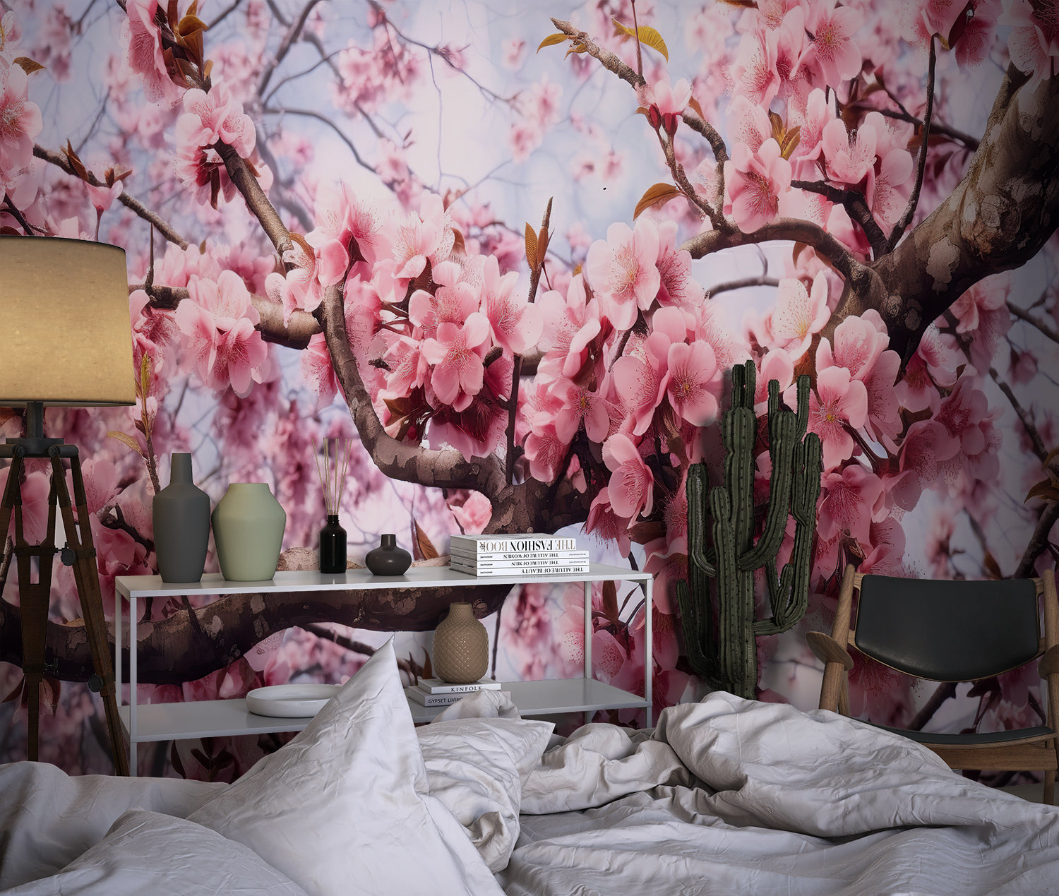 Cherry blossom wall art creating depth in a contemporary home office
