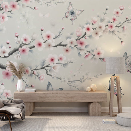 Cherry blossom wallpaper creating a peaceful atmosphere in a modern bedroom with natural light and minimal furniture