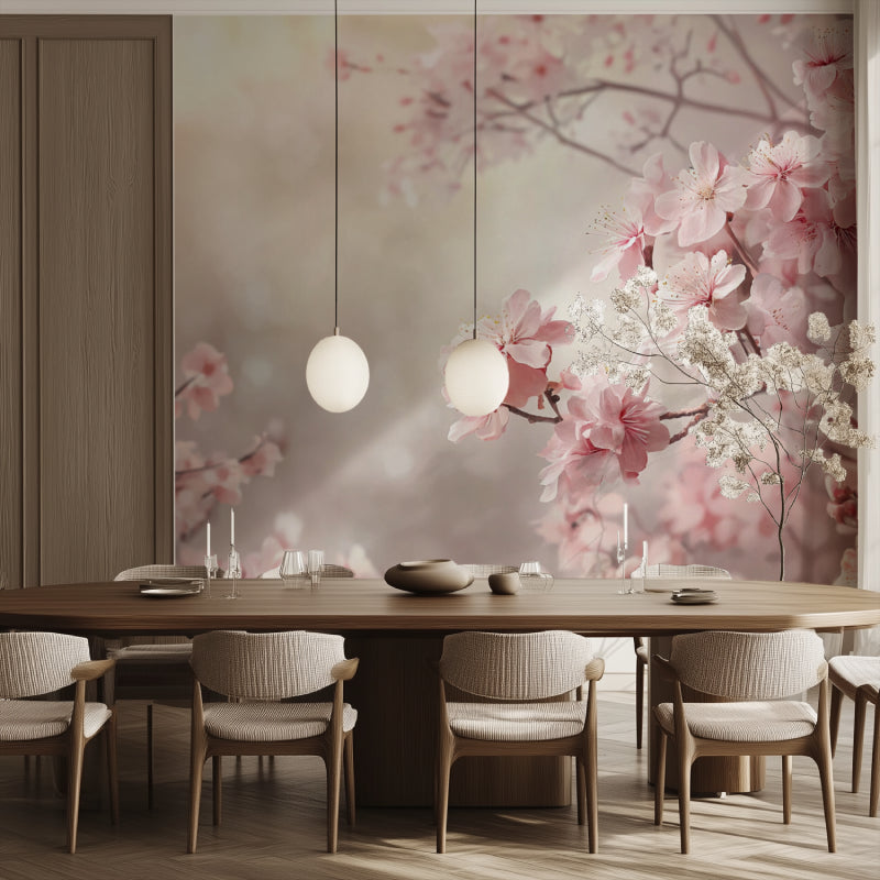 Pink cherry blossom mural creating calm atmosphere in living room setting
