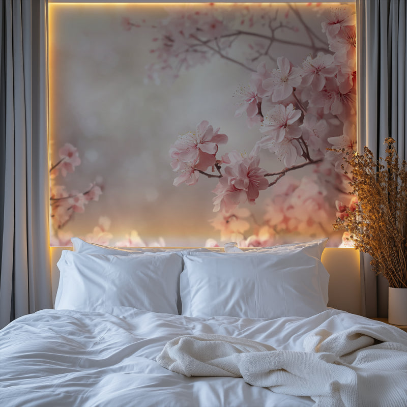 Floral wall mural showcasing delicate cherry blossoms in dining room