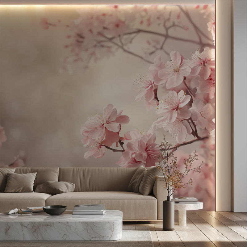 Cherry blossom wallpaper bringing spring feeling to home office space