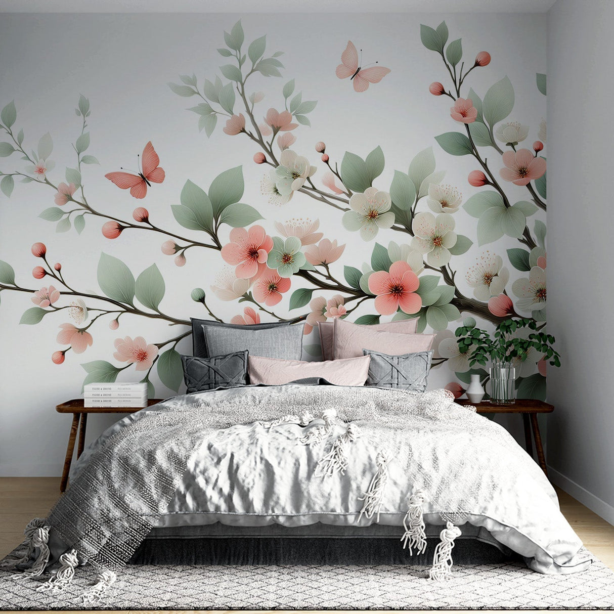 Cherry blossom wallpaper mural in a bright bedroom, pink blossoms and butterflies creating a fresh spring atmosphere