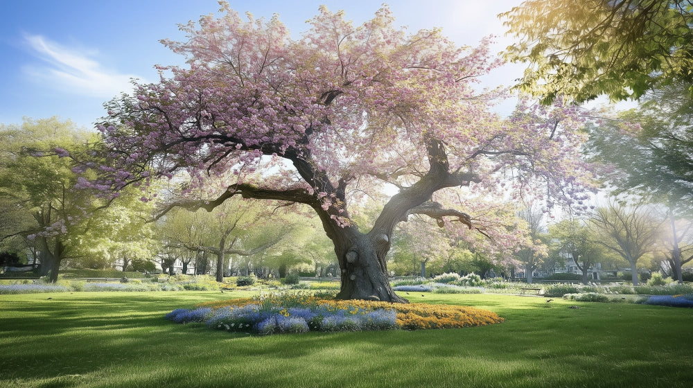 Cherry blossom tree wallpaper creating a peaceful backdrop in a bright modern living room with natural light
