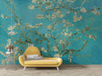Cherry blossom wall mural creating a peaceful atmosphere in a modern living room with natural light