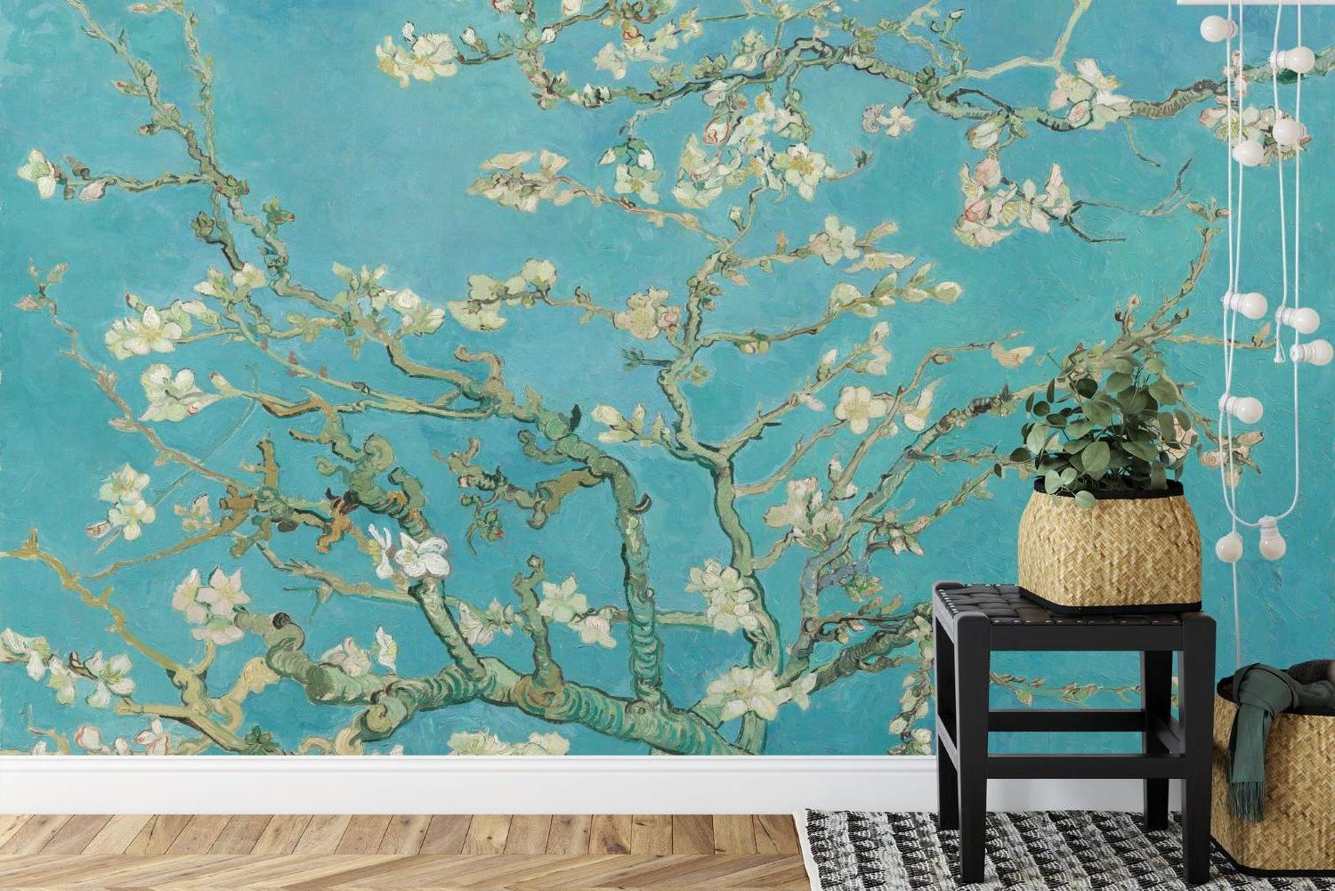 Art Nouveau cherry blossom mural in a dining room with soft evening light