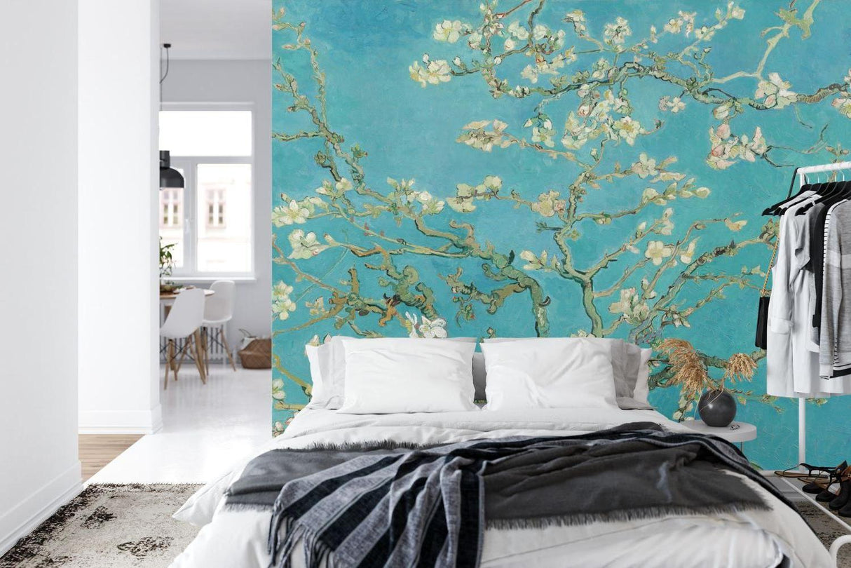 Turquoise cherry blossom wallpaper bringing spring feeling to a home office