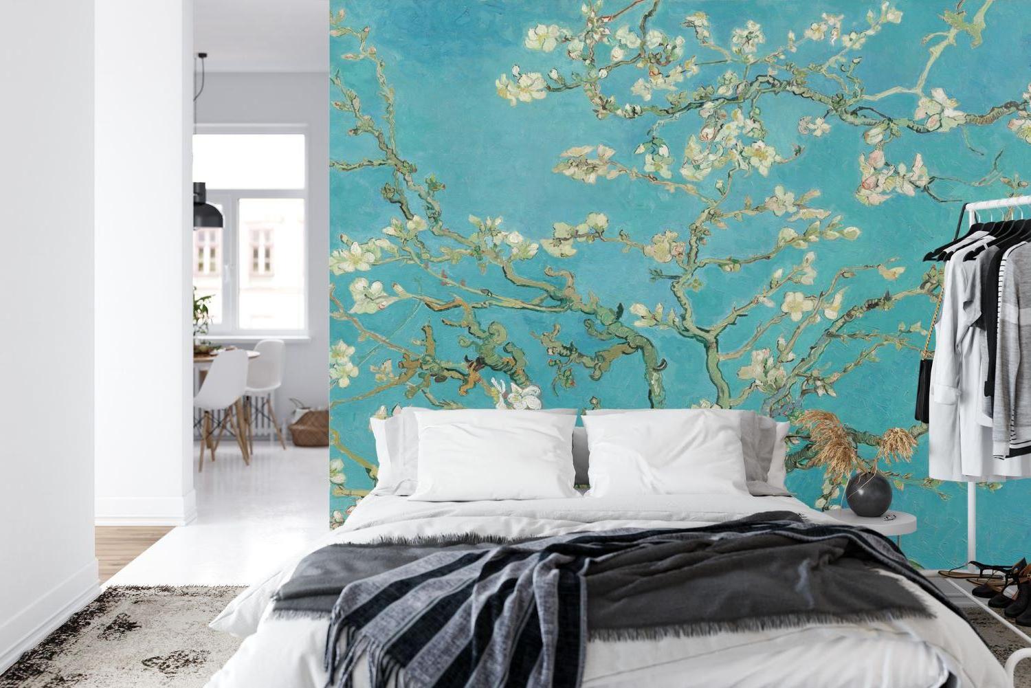 Turquoise cherry blossom wallpaper bringing spring feeling to a home office