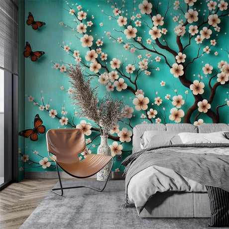 Cherry blossom wallpaper creating a peaceful atmosphere in a modern living room with white furniture and natural light