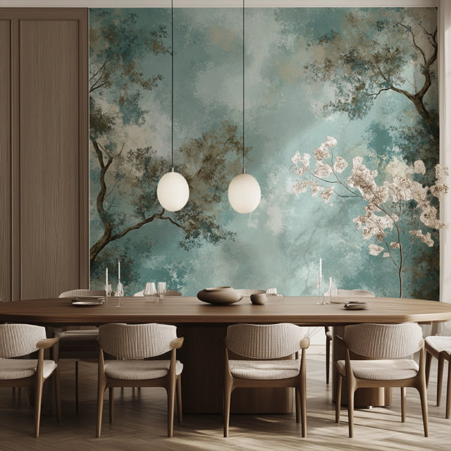 Cherry blossom wallpaper bringing spring charm to a modern living room with white furniture
