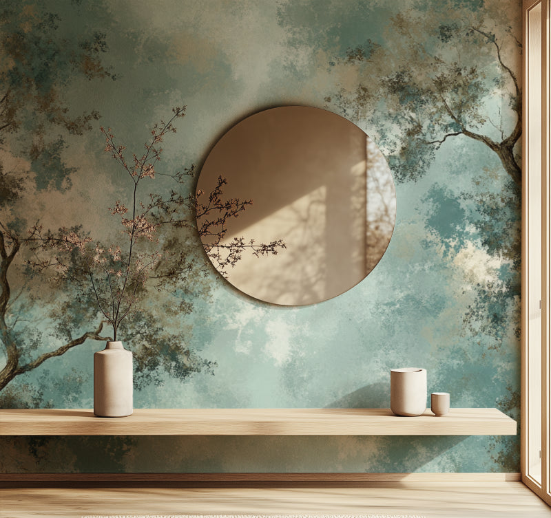 Japanese inspired cherry blossom mural creating serenity in a master bedroom setting