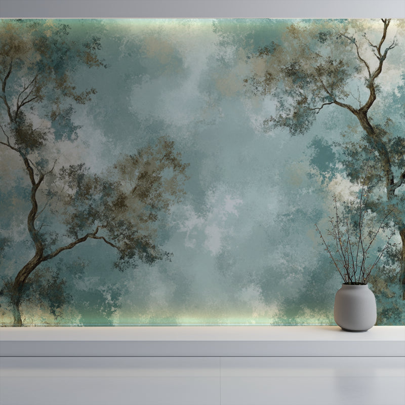 Turquoise cherry blossom wall mural adding elegance to a minimalist dining room