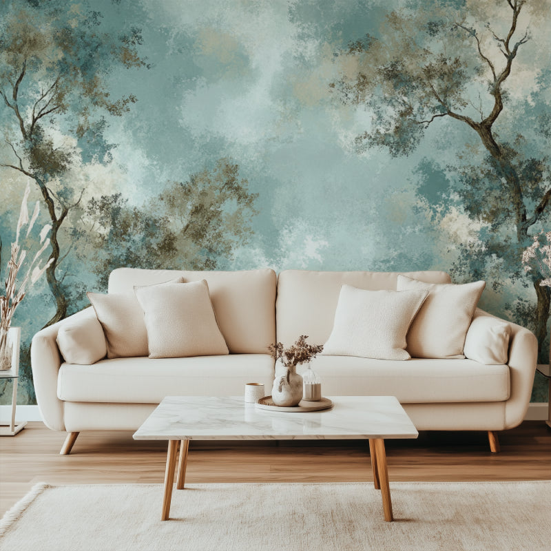 Cherry blossom wallpaper creating a peaceful atmosphere in a meditation room
