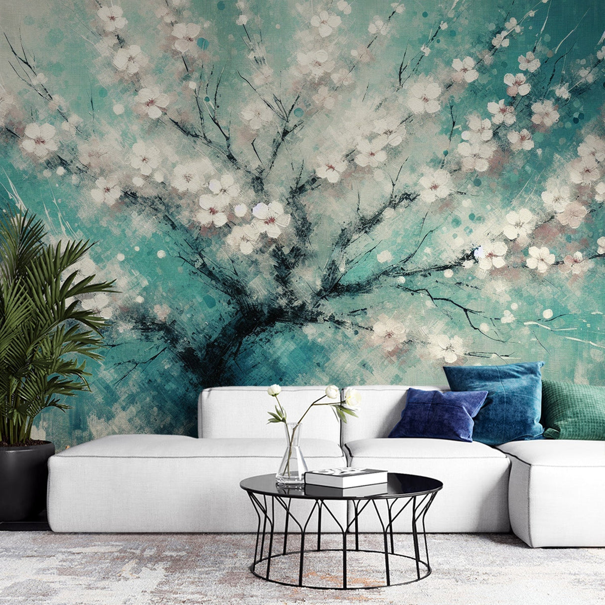 Cherry blossom wallpaper in modern living room with turquoise watercolor design creating a peaceful Asian-inspired atmosphere