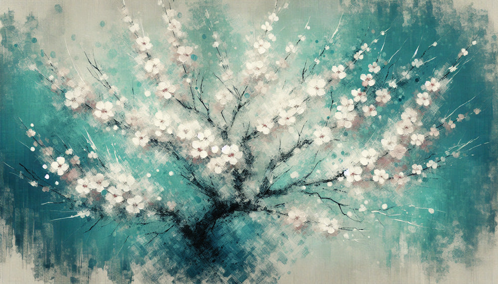 Cherry blossom watercolor design file showing delicate white flowers on turquoise background