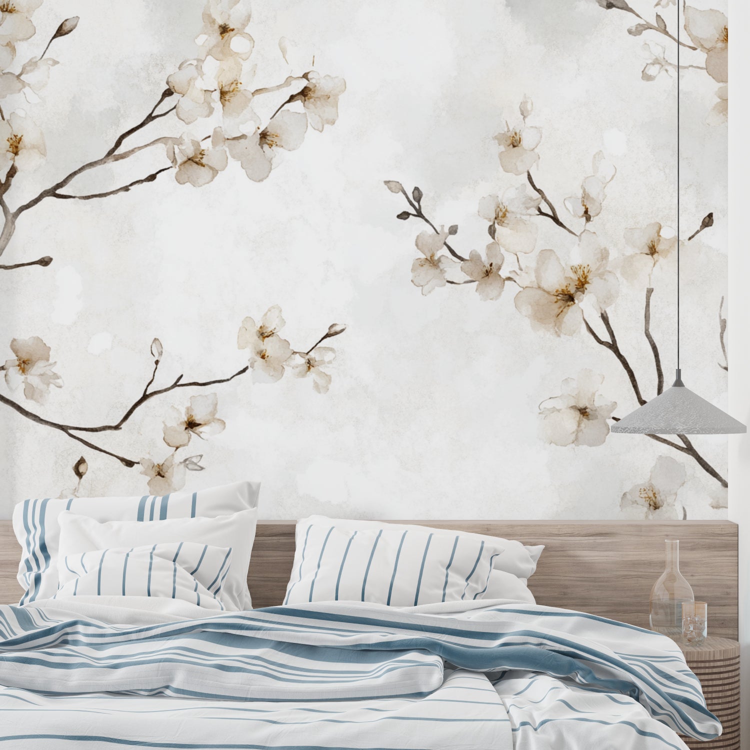 Cherry blossom wallpaper in modern living room creating serene atmosphere with soft natural light