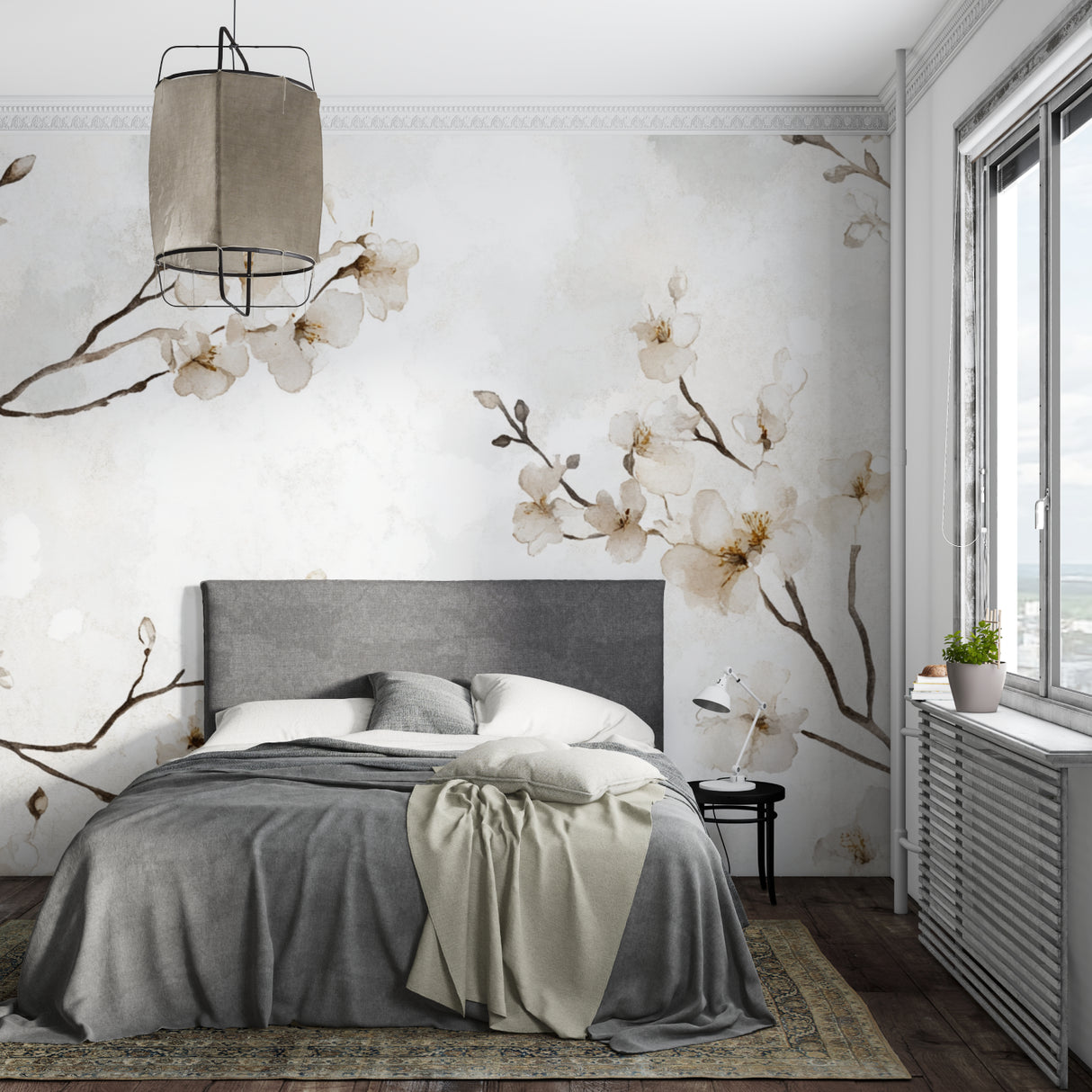 Japanese-inspired cherry blossom wall mural in peaceful meditation room