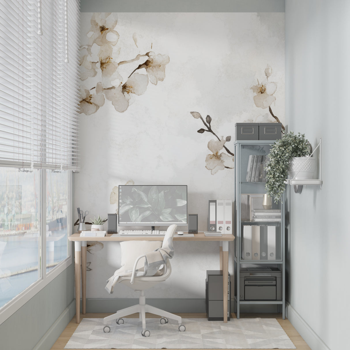 Floral cherry blossom wallpaper bringing spring feel to dining room space