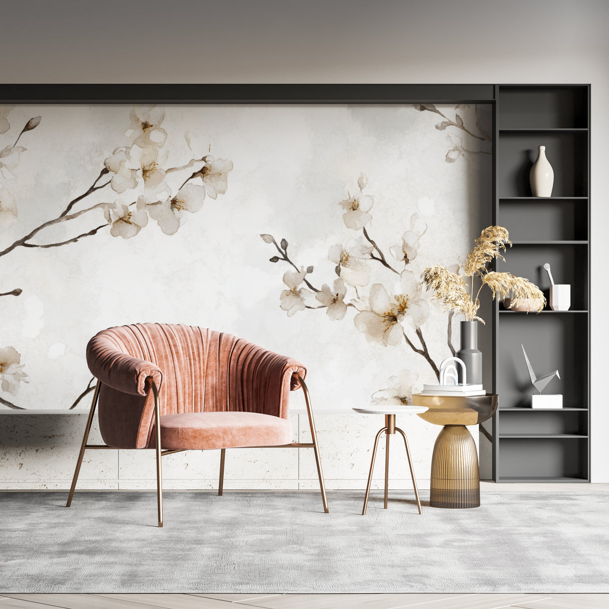 Cherry blossom mural adding soft elegance to home office setting