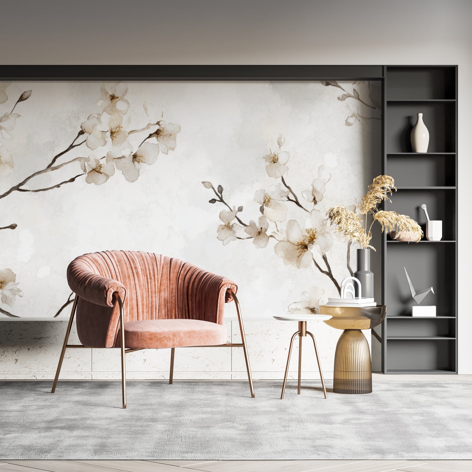 Cherry blossom mural adding soft elegance to home office setting
