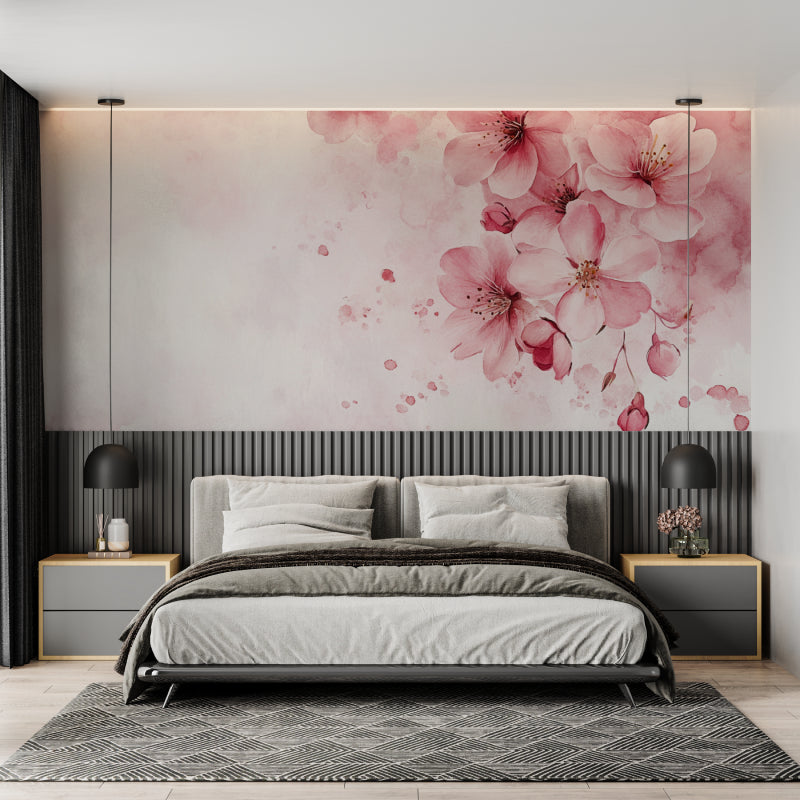 Watercolor cherry blossom mural adding elegance to a home office
