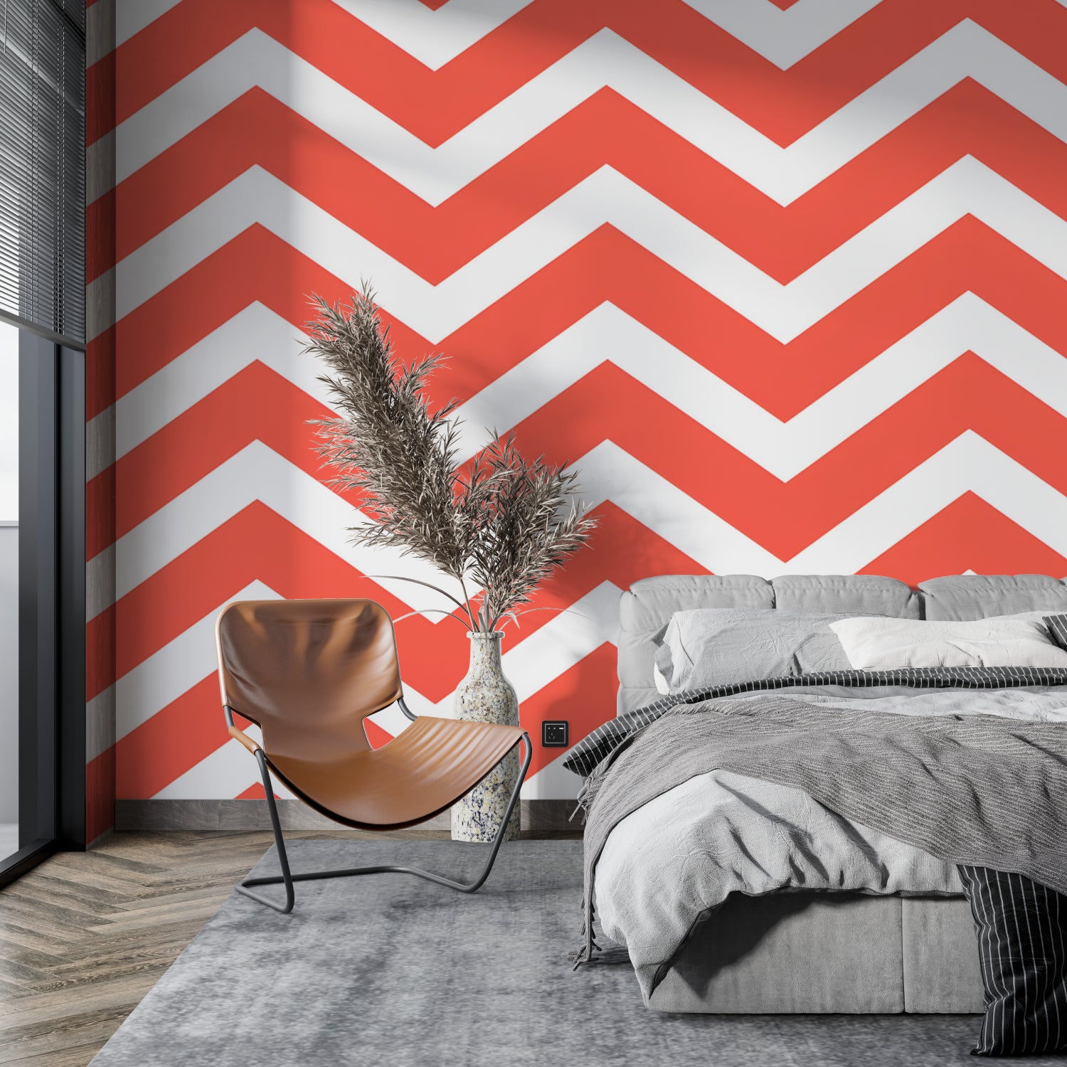 Geometric red chevron pattern creating drama in a contemporary dining room setting