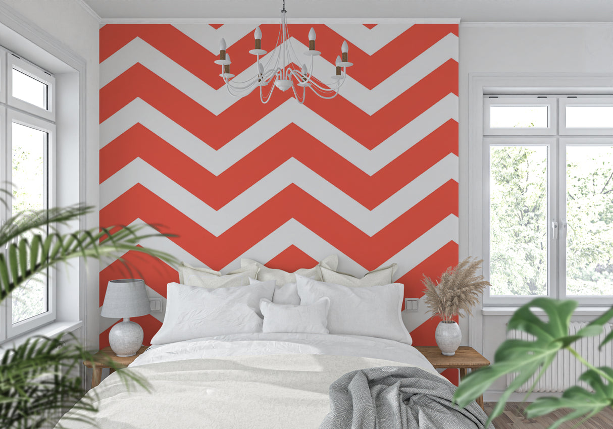 Bold chevron wallpaper making a statement in a home office with modern furniture