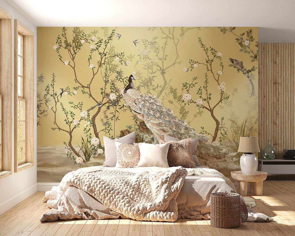 Chinoiserie peacock wallpaper creating an elegant focal point in a modern living room