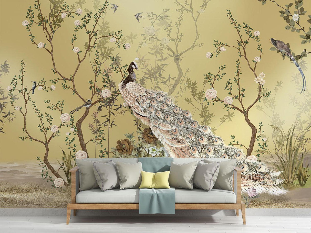 Golden peacock mural making a statement in a luxury master bedroom
