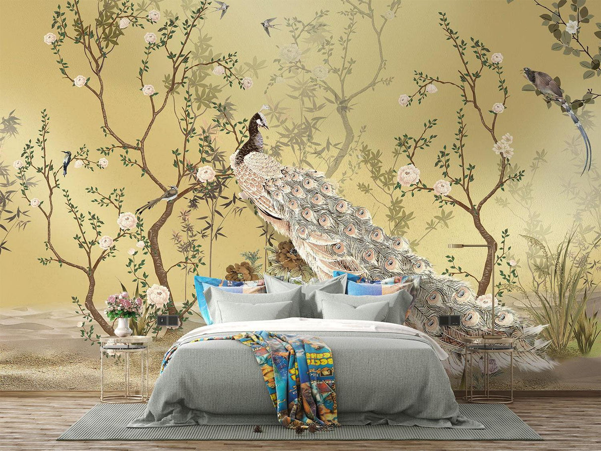 Chinoiserie wall mural adding sophistication to a home office space