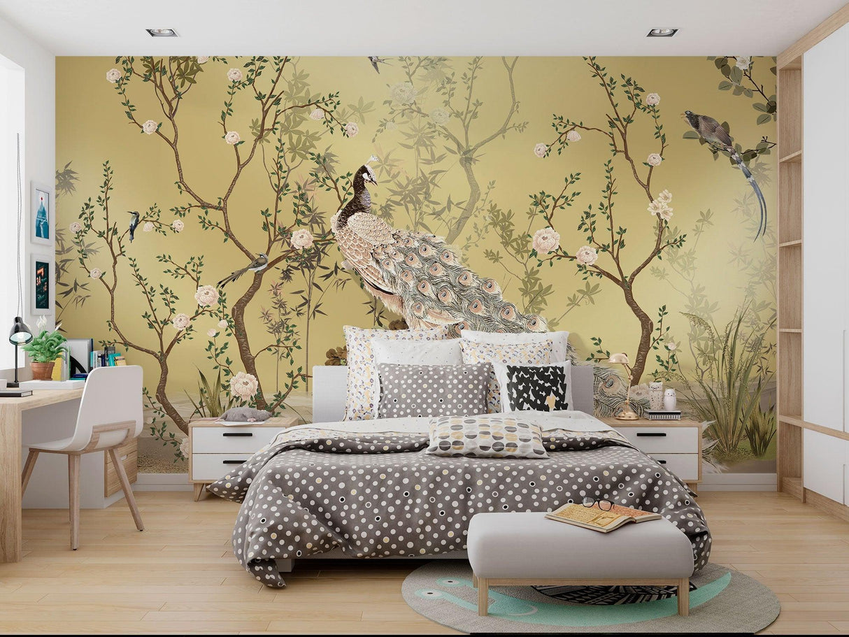 Oriental peacock design creating depth in a contemporary living space