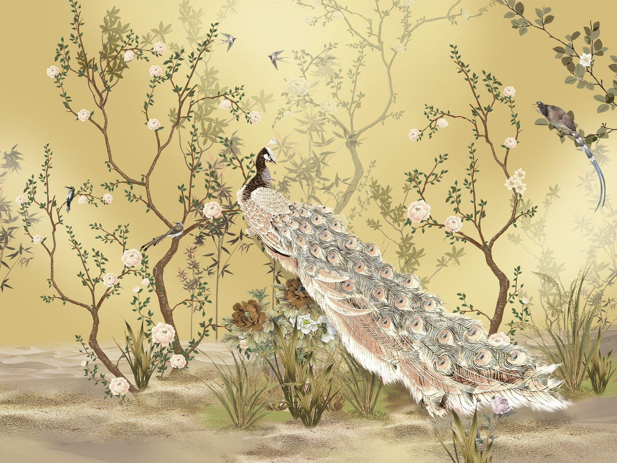 Detailed design file showing golden peacock and cherry blossom pattern