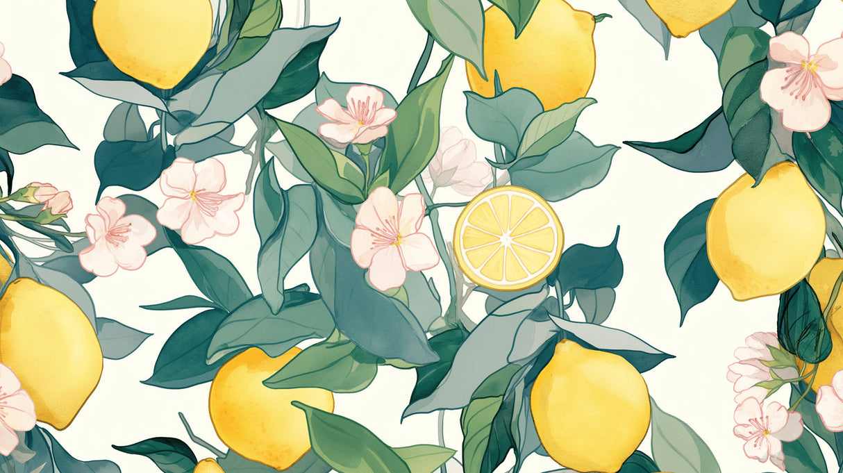 Botanical Lemon Wallpaper design file showing detailed citrus fruits and pink blossoms pattern