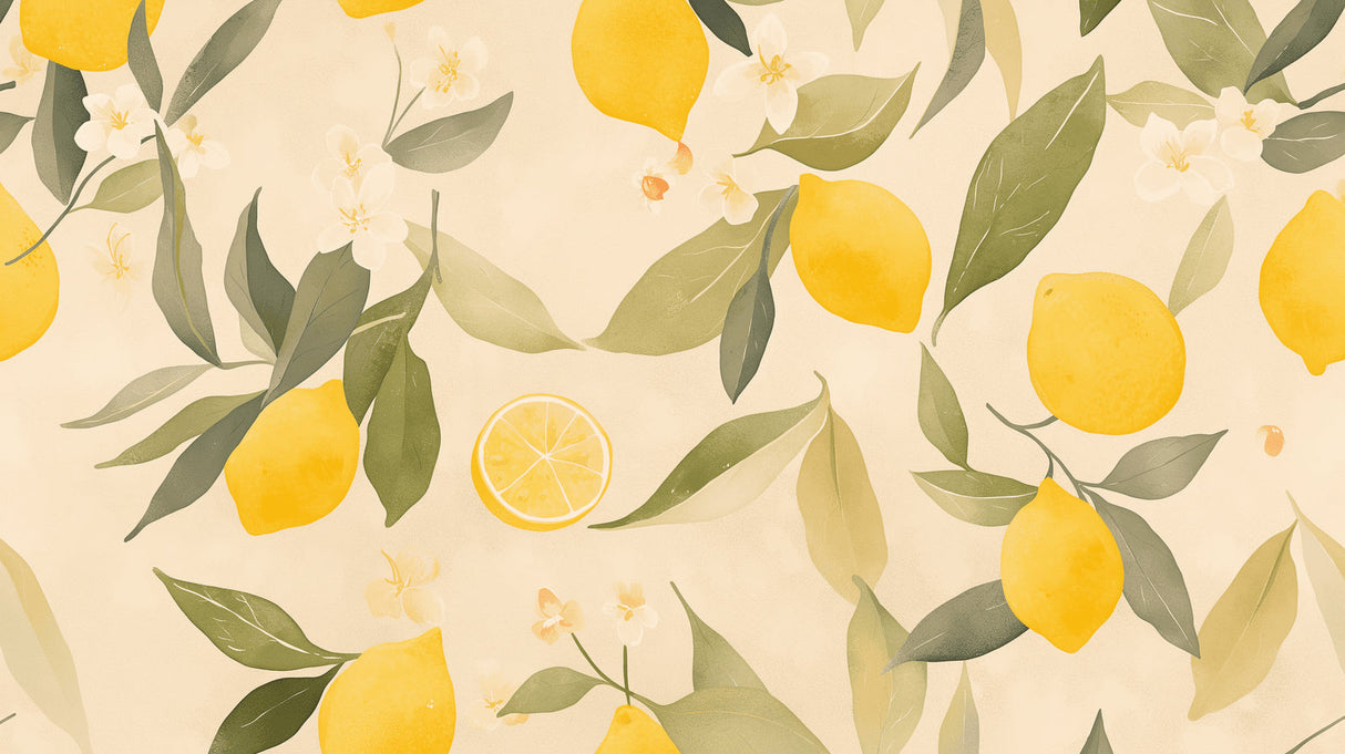 Bright Lemon Wallpaper Mural in modern white kitchen with marble countertops and natural light